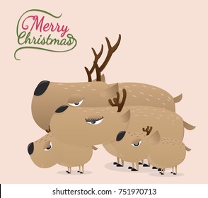 Brown reindeer on vintage background.Reindeer vector paper cut style.Reindeer family in christmas.
