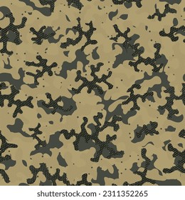Brown Repeated Artistic Graphic Camouflage. Khaki Seamless War Vector Design. Desert Camouflage Seamless Pattern. Camouflage Clothing Green Seamless Fashion Graphic Print. Camoflage
