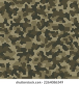 Brown Repeated Color Geometric Camouflage Pattern. Seamless Desert Fashion Vector Soldier Background.  Beige Repeated Colorful Digital Commando Textile. Dark Graphic Combat Fabric. 