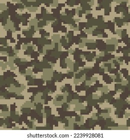 Brown Repeated Grunge Graphic Commando Art. Seamless Black Monochrome Pixel Military Design.  Green Seamless Colorful Vector Camouflage Wallpaper. Beige Digital Army Backdrop. 