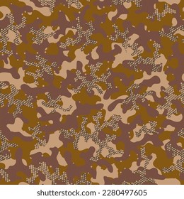 Brown Repeated Monochrome Vector Clouds. Camouflage Grunge Autumn Seamless Doted Vector Pattern. Khaki Camouflage Seamless Pattern. Beige Repeated Military Graphic Texture. Camoflage