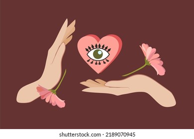 Brown retro background.Pink delicate, fluffy, thick petals of flowers fall on women's hands. In the center is a voluminous pink heart with an eye. Printing for design