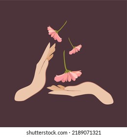  Brown retro background.Pink delicate, fluffy, thick petals of flowers fall on women's hands. Printing for design, women's cosmetics, for the application.