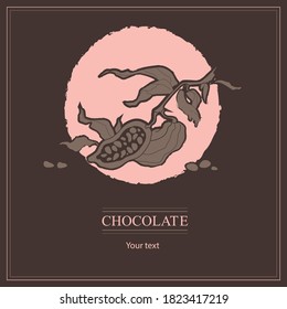 Brown retro banner with cocoa plant. Vintage picture about cacao and chocolate with line illustration.
