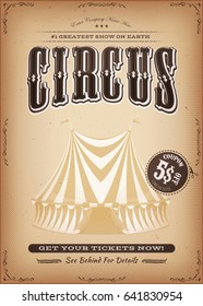 Brown Retro Circus Poster Background/
Illustration of a retro and vintage circus poster background with big top, elegant titles, grunge texture and floral patterns