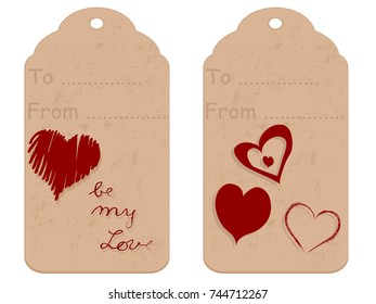 Brown retro gift tag with red hearts