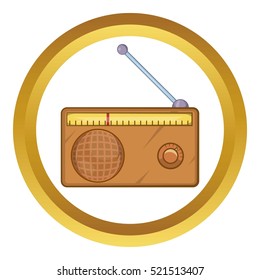 Brown retro style radio receiver vector icon in golden circle, cartoon style isolated on white background
