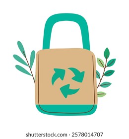 A brown reusable tote bag with a recycling symbol and green leaves in cartoon style