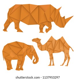 Brown rhinoceros, elephant and camel. Polygonal vector illustration isolated on white background