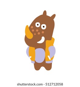 Brown Rhinoceros In Jacket Smiling In Autumn Standing Upright Humanized Animal Character Illustration In Funky Decorative Style