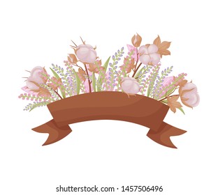 Brown ribbon before cotton composition. Vector illustration on white background.