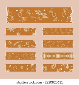 Brown ribbons Washi tape sticker set christmas themed new year clipart