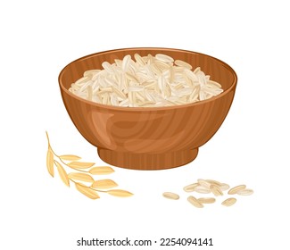 Semillas de arroz marrón en tazón de madera y planta aisladas en fondo blanco. Alimentos orgánicos saludables. Ilustración de dibujos animados.