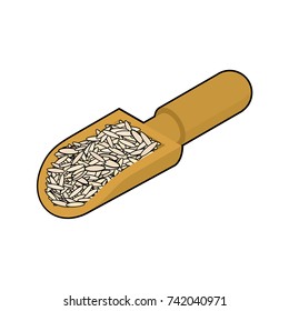 Brown rice in wooden scoop isolated. Groats in wood shovel. Grain on white background. Vector illustration
