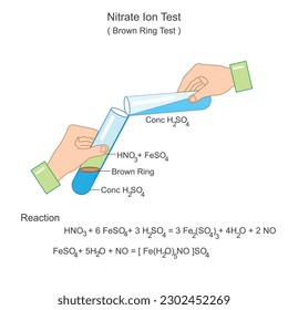 Brown ring test, test for nitrate ions, qualitative test for nitrate ions, identification of nitric acid, vector illustration for chemistry practical