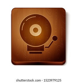 Brown Ringing alarm bell icon isolated on white background. Alarm symbol, service bell, handbell sign, notification symbol. Wooden square button. Vector Illustration
