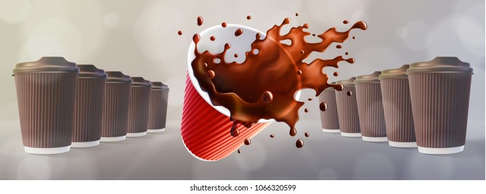 Brown Ripple Cups with a Dynamic Coffee Splash. Bokeh Gray Background