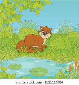 Brown river otter in grass by a small blue lake in a wild green forest on a summer day, vector cartoon illustration