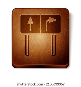 Brown Road traffic sign. Signpost icon isolated on white background. Pointer symbol. Isolated street information sign. Direction sign. Wooden square button. Vector