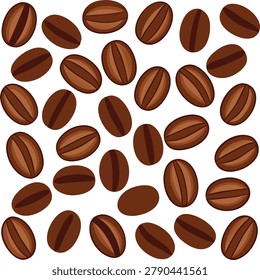 Brown roasted coffee beans vector pattern, aromatic seeds scattered on surface, cafe beverage ingredient background, organic food design element, espresso beans illustration graphic.