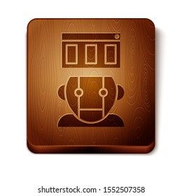 Brown Robot icon isolated on white background. Wooden square button. Vector Illustration