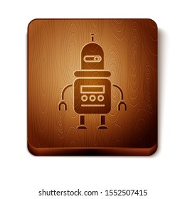 Brown Robot icon isolated on white background. Wooden square button. Vector Illustration