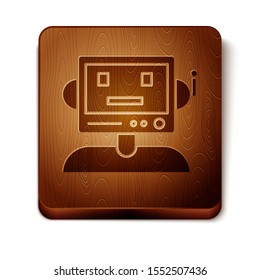 Brown Robot icon isolated on white background. Wooden square button. Vector Illustration