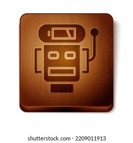 Brown Robot low battery charge icon isolated on white background. Artificial intelligence, machine learning, cloud computing. Wooden square button. Vector