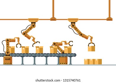 Brown Robotic Claw Automatic Packing Conveyor. Mechanical Robot Arm Crane Manufacture Technology. Yellow Grip Pack Box at Warehouse. Machinery Working Device. Flat Cartoon Vector Illustration