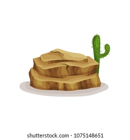 Brown rock stone and cactus, design element of natural landscape vector Illustration on a white background