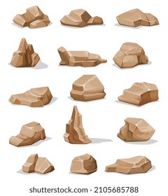 Brown rock stones and boulders. Cartoon gravel, cobble or rubble isolated rough pieces collection. Dessert cliff or mountain, geology mineral or metal ore block. Game environment design elements asset