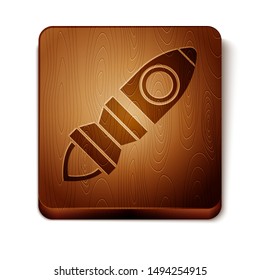 Brown Rocket ship with fire icon isolated on white background. Space travel. Wooden square button. Vector Illustration