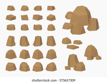 Brown rocks and stones. 3D lowpoly isometric vector illustration. The set of objects isolated against the white background and shown from different sides