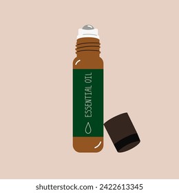 Brown roller bottle with cap for liquid essential oils. Grass jar vector illustration