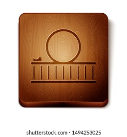 Brown Roller coaster icon isolated on white background. Amusement park. Childrens entertainment playground, recreation park. Wooden square button. Vector Illustration