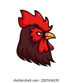 Mascota de gallo marrón del equipo deportivo. Cabeza vectorial de pollo, gallo o gallo enfurecido, símbolo aislado con vista lateral de ave de corral. Animales de gallo agresivos con plumas marrones y pico de peligro