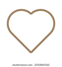 Brown rope heart frame. Blank string cord heart shape border. Nautical, western, rustic vintage design element for logos, labels, and banners.