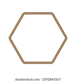 Brown rope hexagon frame. Blank string cord hexagon shape border. Nautical, western, rustic vintage design element for logos, labels, and banners.