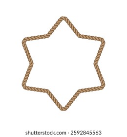 Brown rope star frame. Blank string cord six pointed star border. Nautical, western, rustic vintage design element for logos, labels, and banners.