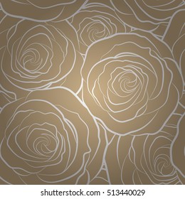 Brown roses isolated. Vector floral seamless pattern. Monochrome silhouette.