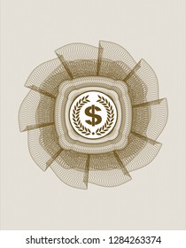 Brown rosette. Linear Illustration with laurel wreath with money symbol inside icon inside
