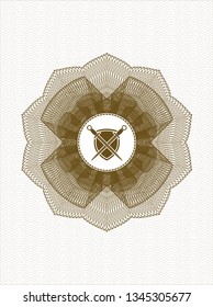 Brown rosette. Linear Illustration with swords crossed with shield icon inside