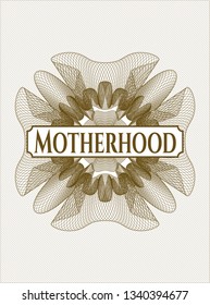 Brown rosette. Linear Illustration with text Motherhood inside