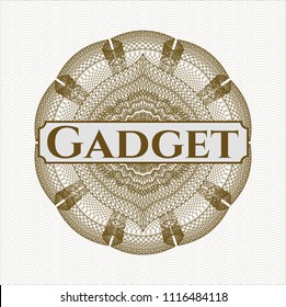 Brown rosette (money style emblem) with text Gadget inside
