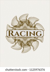 Brown rosette (money style emblem) with text Racing inside