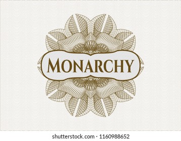 Brown rosette (money style emblem) with text Monarchy inside
