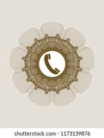 Brown rosette (money style emblem) with old phone icon inside