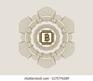 Brown rosette (money style emblem) with bitcoin chip (cryptocurrency mining concept) icon inside