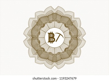 Brown rosette or money style emblem with bitcoin mining icon inside