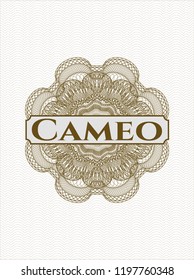 Brown rosette (money style emblem) with text Cameo inside